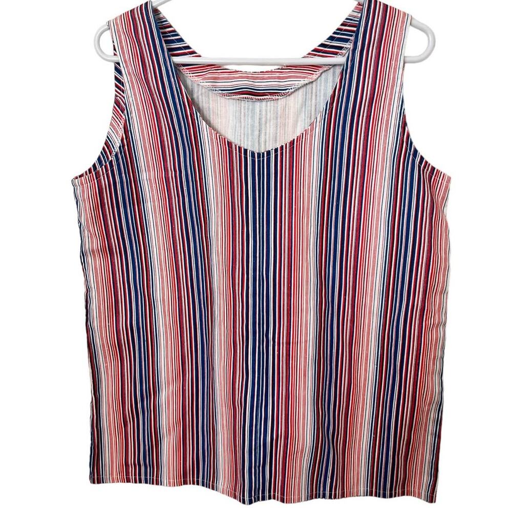 Vintage 70s 80s White Red Black Blue Striped Sleeveless Tank Medium Large Boho